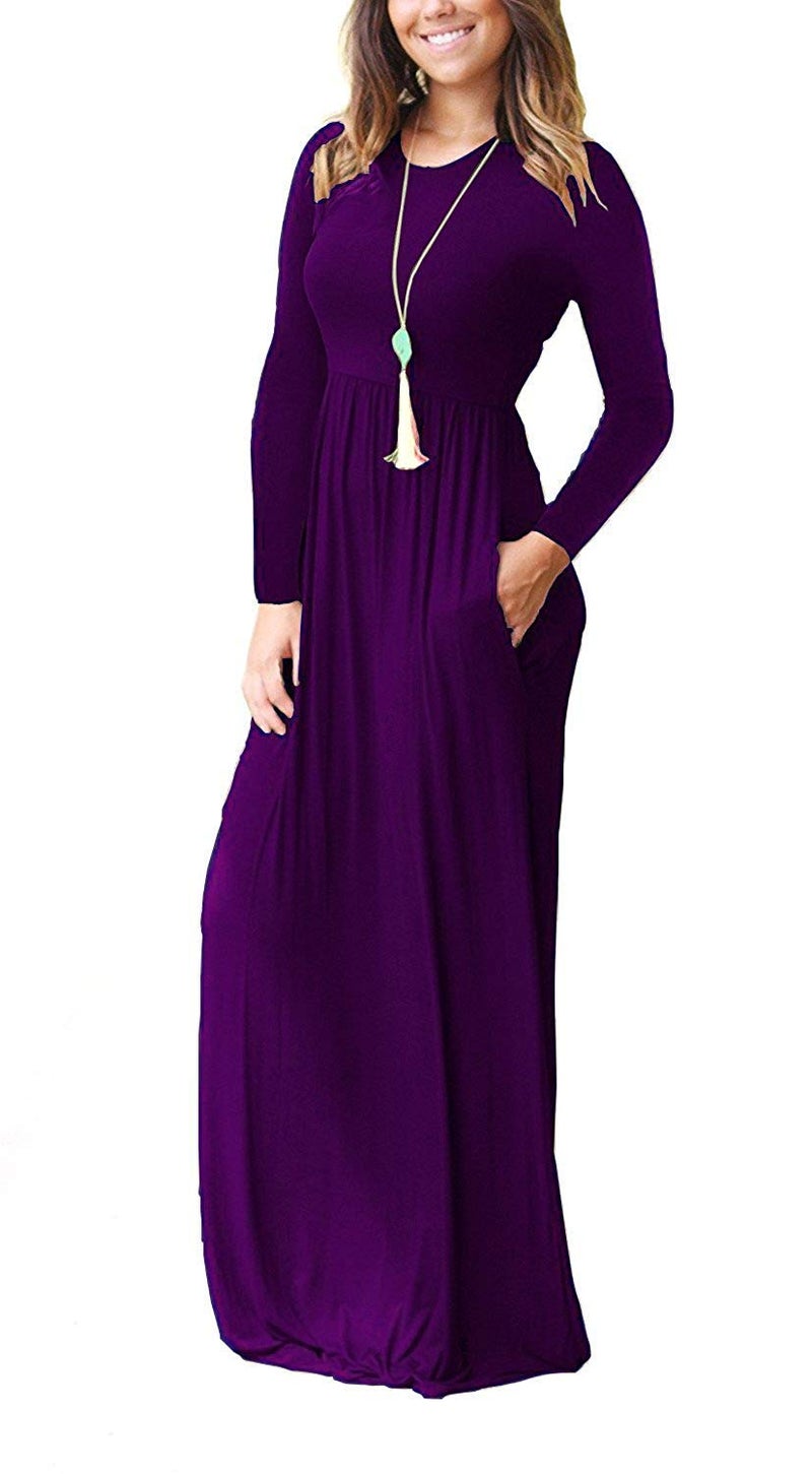 AUSELILY Women's Long Sleeve Dress Loose Plain Long Casual Maxi Dresses with Pockets 2026 New Purple XL - Image 2